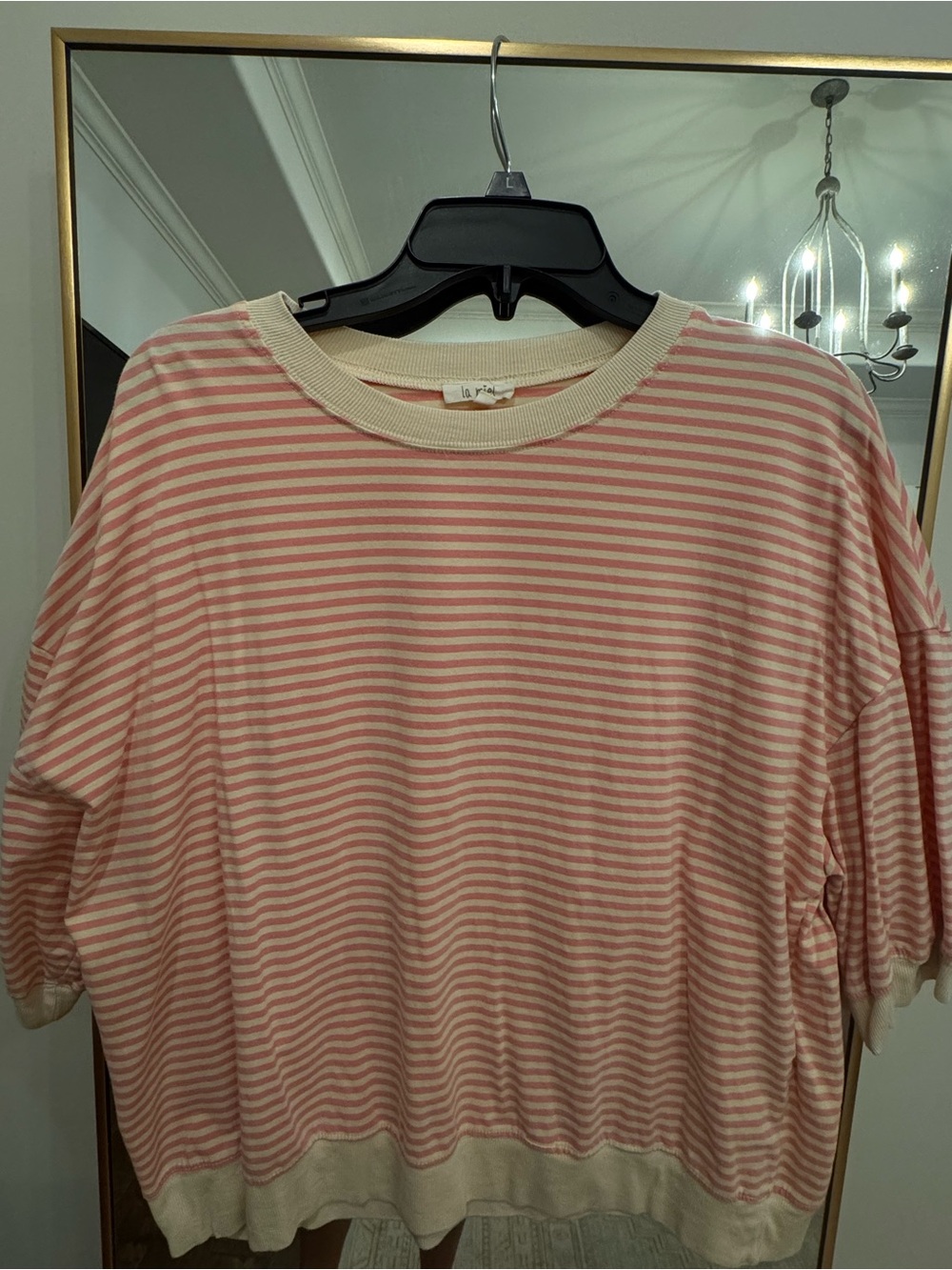 LA MIEL Pink and Cream Striped Short Sleeve Sweater Top